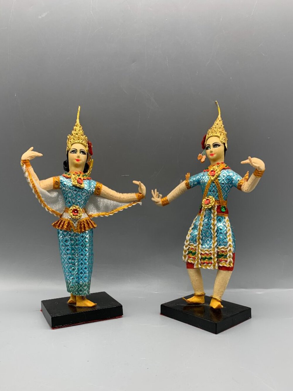 Vintage Thai Dancer Figurines Posed in Traditional Dance and Blue/Gold Costumes
